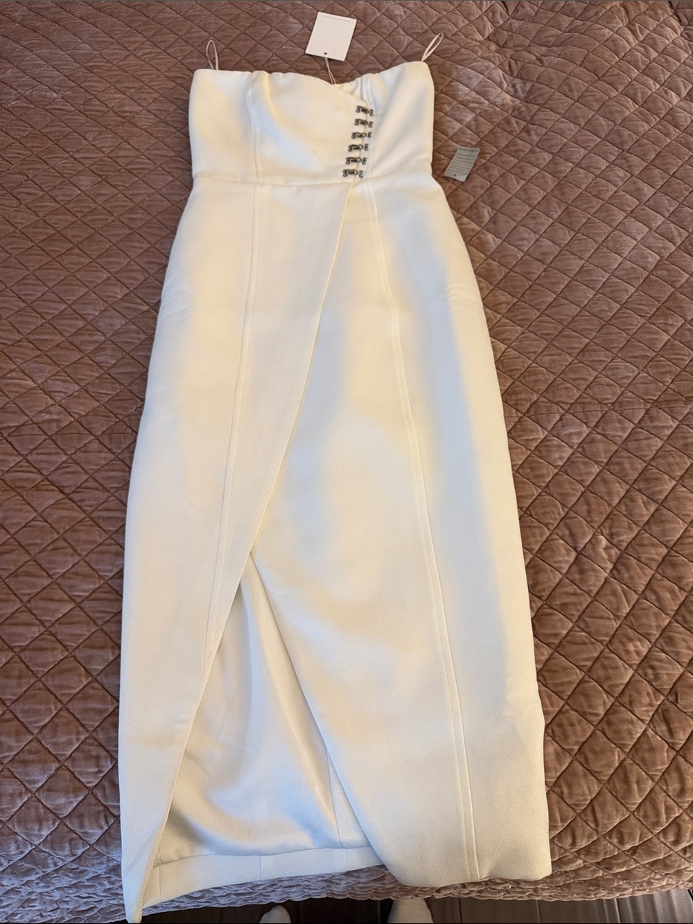 Strapless White Wrap-Front Midi Dress with Accent Clips